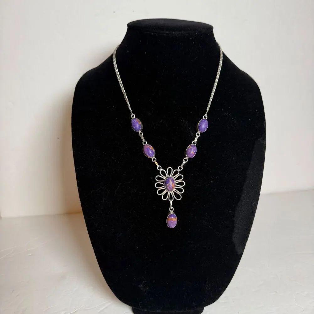 925 Sterling Silver Purple Composite Stone Floral Drop Necklace 23" Statement